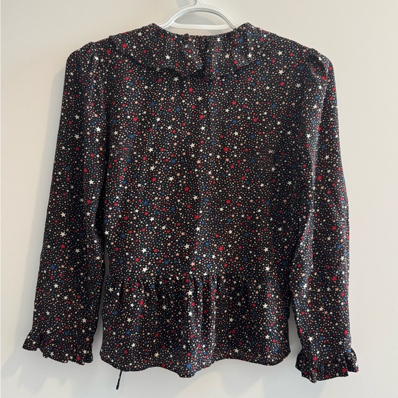 Madewell Navy Starry Night 100% Silk Wrap-Front Ruffle-Hem Blouse Size XS - Picture 9 of 13